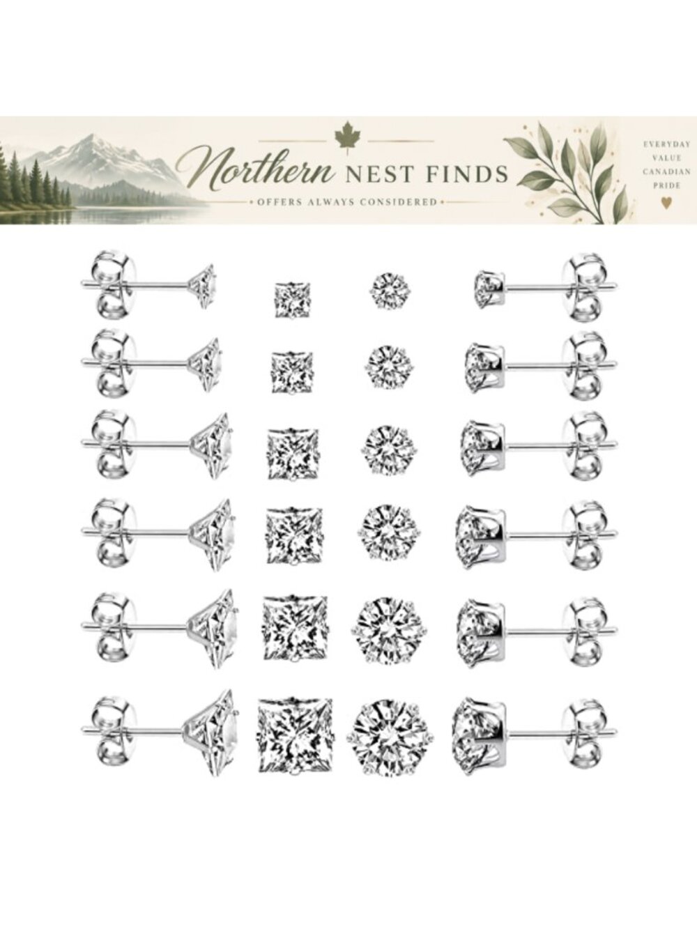 12 Pairs Stainless Steel Cubic Zirconia Stud Earrings Set Hypoallergenic